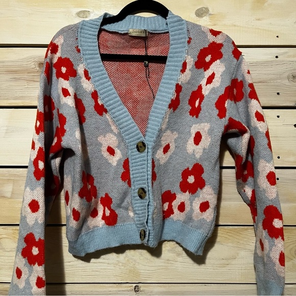 Women's Red and Blue Floral V-Neck Crop Cardigan - Picture 2 of 8